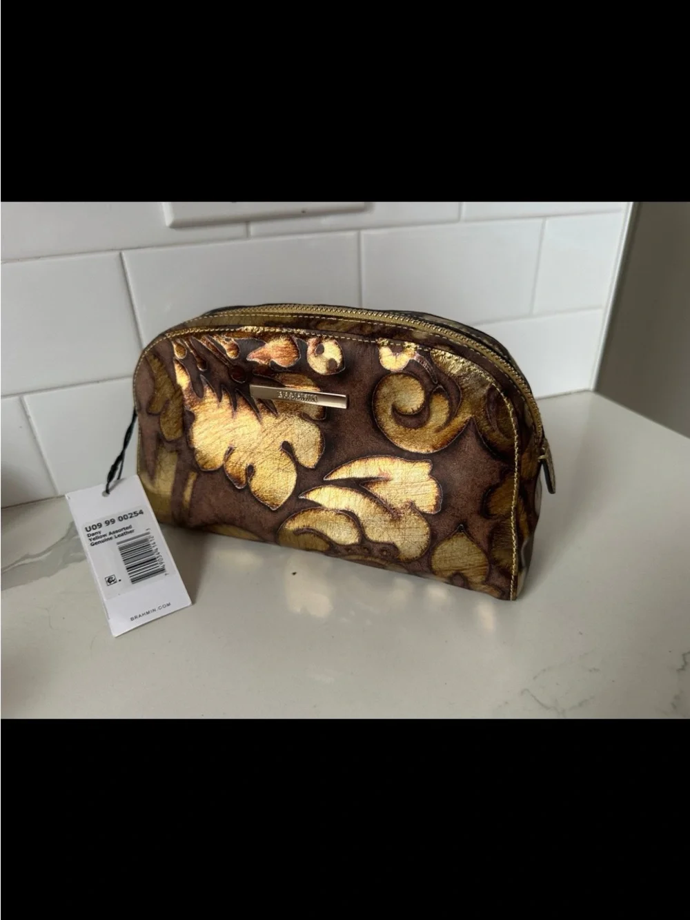 Brahmin Dany Gold and Brown Floral Embossed Leather Pouch